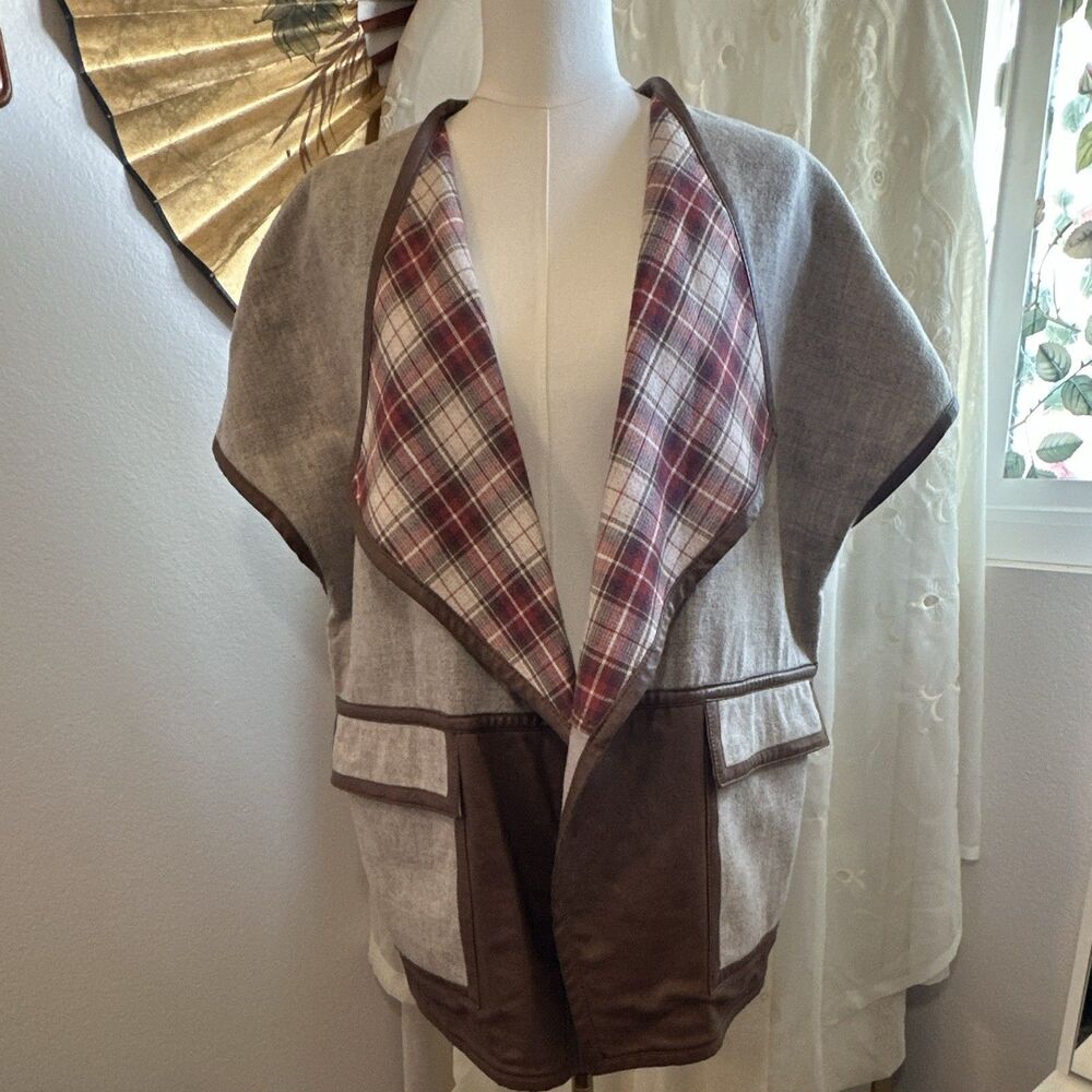 Anthropologie Elevenses Paisaje Vest Cape Poncho Plaid Linen Wool Boho XS/S